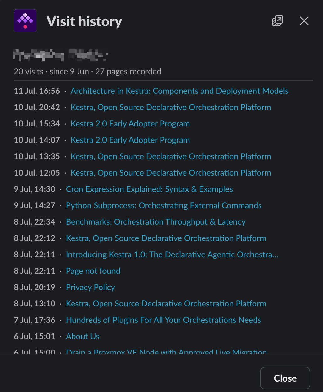 Slack visit history: 20 visits since 9 June, 27 pages recorded, with the timestamped list of pages viewed (architecture, pricing, Kestra 2.0, cron, plugins, and so on).