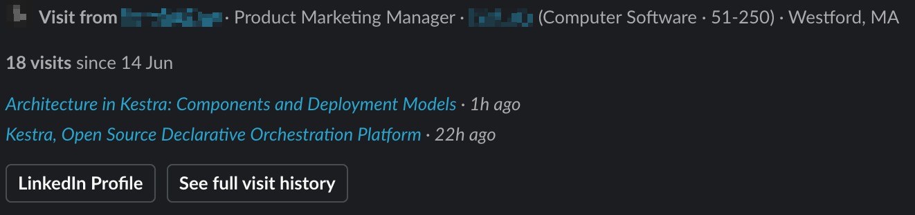 Slack notification: a visit from a Product Marketing Manager at a software company (51-250 employees) in Westford, MA, with 18 visits since 14 June, the Kestra pages viewed, and LinkedIn Profile and full visit history buttons.
